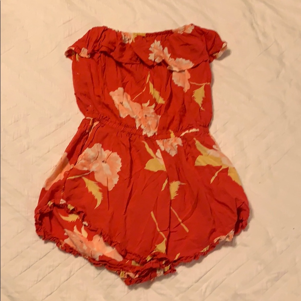 Red floral romper.